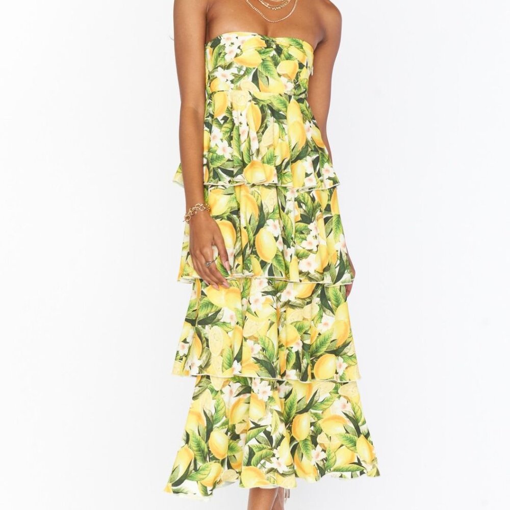 Show Me Your Mumu Savannah Ruffle Strapless Dress Tiered Lemons Sz Medium